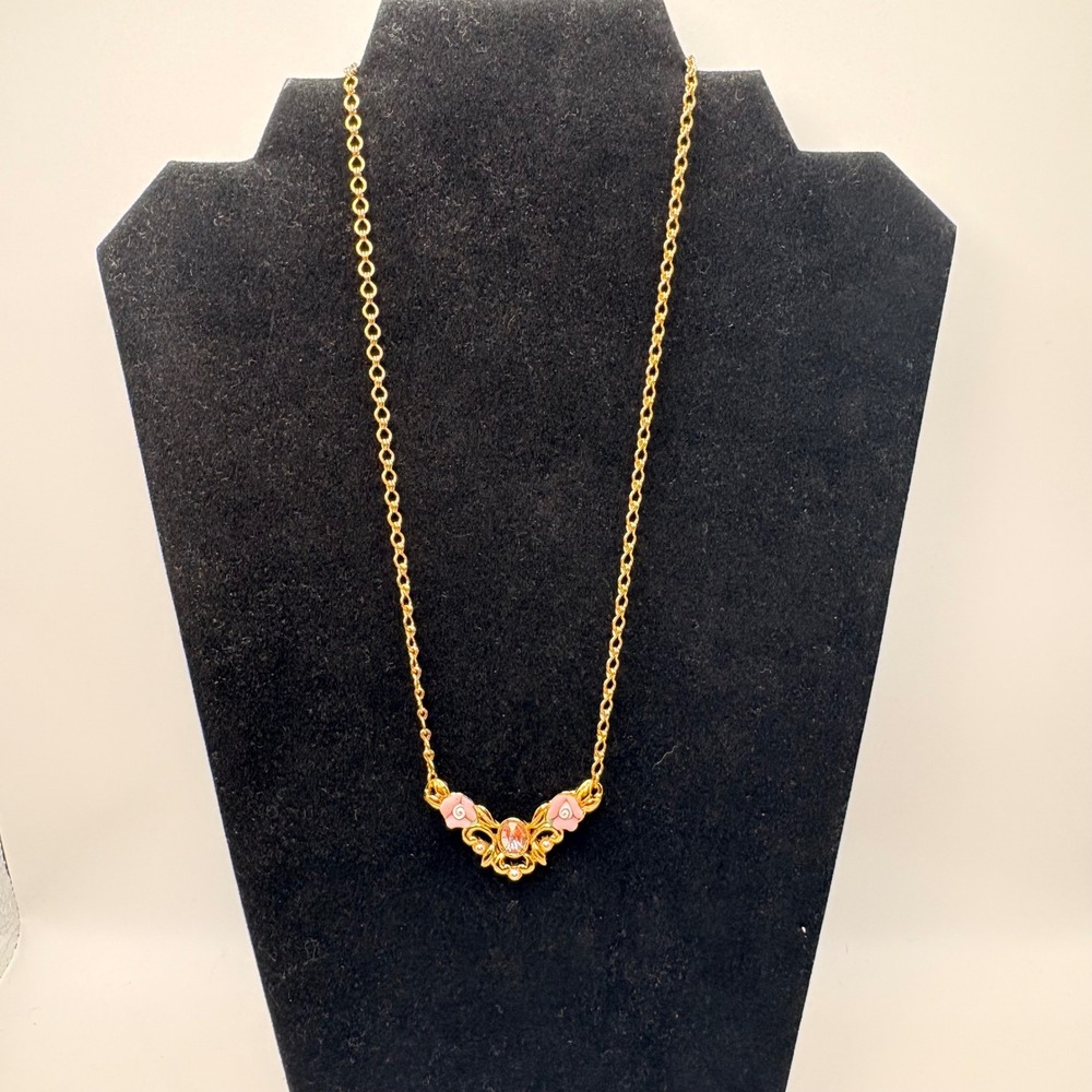 Avon Pink Porcelain Flower Necklace with Pink Transparent Cabochon & Faux Pearl - Picture 2 of 7